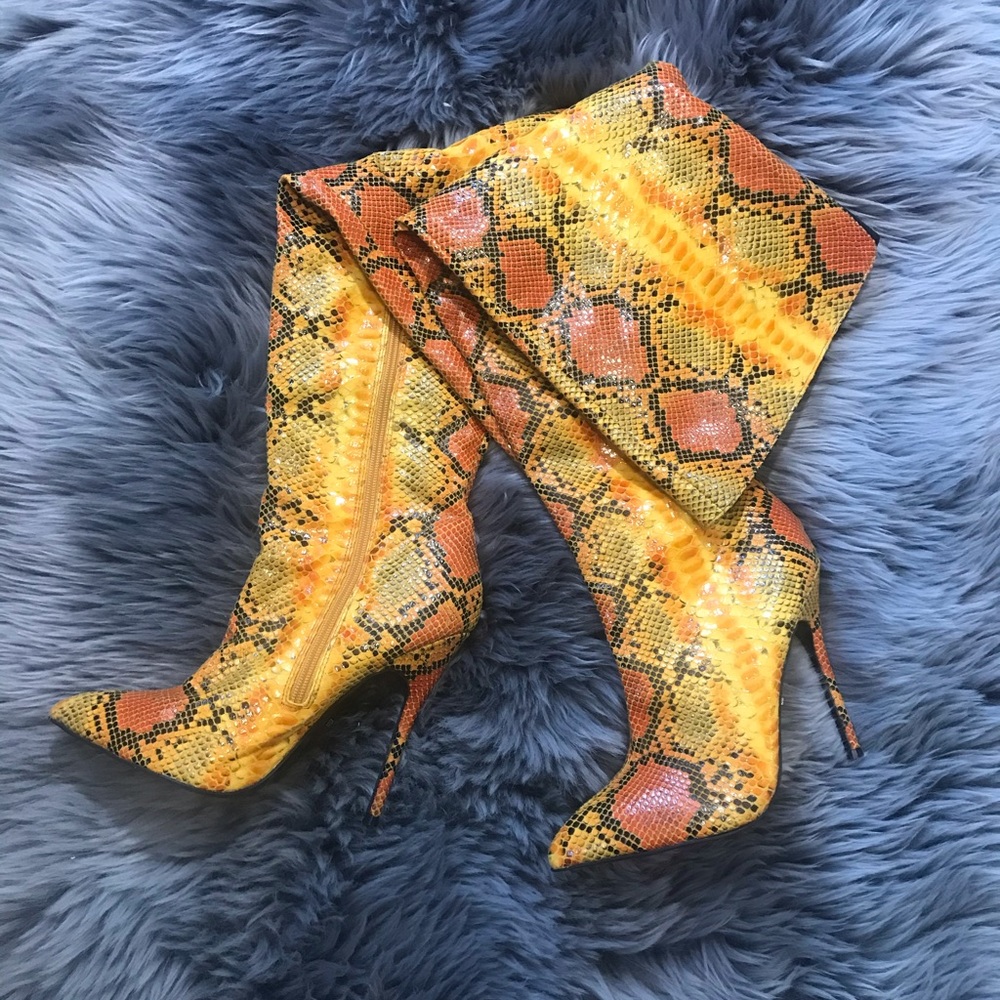 WORN ONCE orange snakeskin thigh high boots sz 9